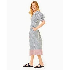 NWT Addison Bay Cabana Dress L Large Navy Blue Red Super White Cotton Poplin NEW